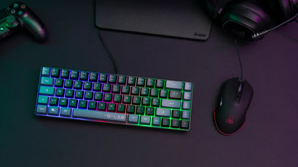 The G-Lab - Combo Hydrogen - Pack Clavier Souris Gamer, Clavier Gamer 65% Filaire, Rétroéclairage RGB, azerty, Format Compact + Souris Gaming RGB, 6 Boutons, 6200 DPI - PC/PS4/PS5 – Noir/Gris