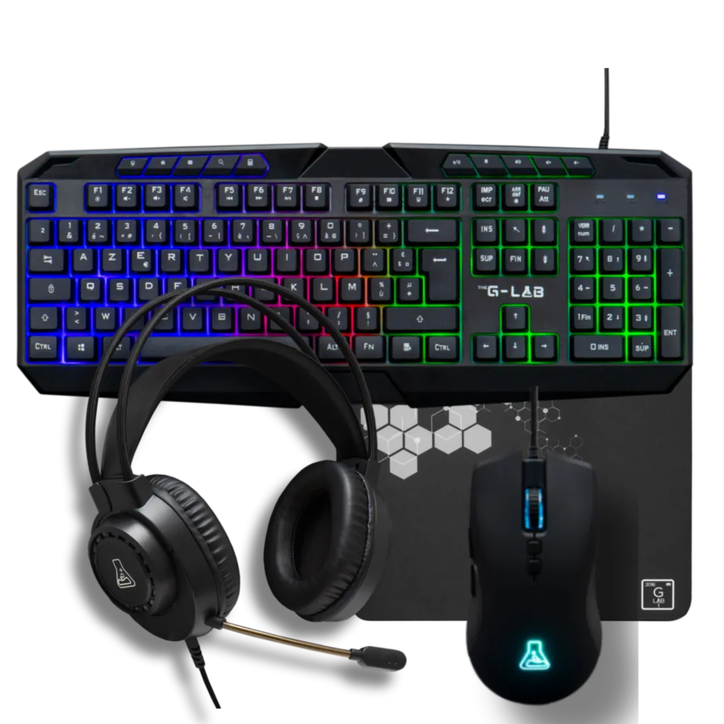 The G-Lab - Combo Natrium - Pack clavier souris gamer 4 en 1 - Clavier gamer AZERTY filaire, RGB, 19 touches Antighosting, Souris gamer 6400 Dpi, Casque gaming Jack 3.5 mm & Tapis de souris - PC/PS4/PS5/XBOX