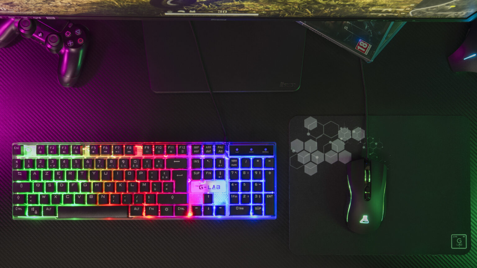 The G-Lab - Combo Néon - Combo gaming 4 en 1 - Clavier gamer Filaire USB, RGB, 19 touches Antighosting, Souris Gaming 3600 DPI, Casque gaming Son Stéréo Jack 3.5 mm, Tapis de souris - PC/CONSOLES