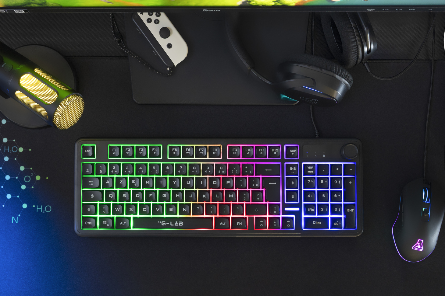 The G-Lab – Keyz Caesium EX BLACK – Clavier Gamer Filaire AZERTY 98% – Membrane Réactive et Silencieuse, Anti-Ghosting 26 Touches, Rétroéclairage Rainbow, Molette de Volume – Clavier Gaming PC / CONSOLES